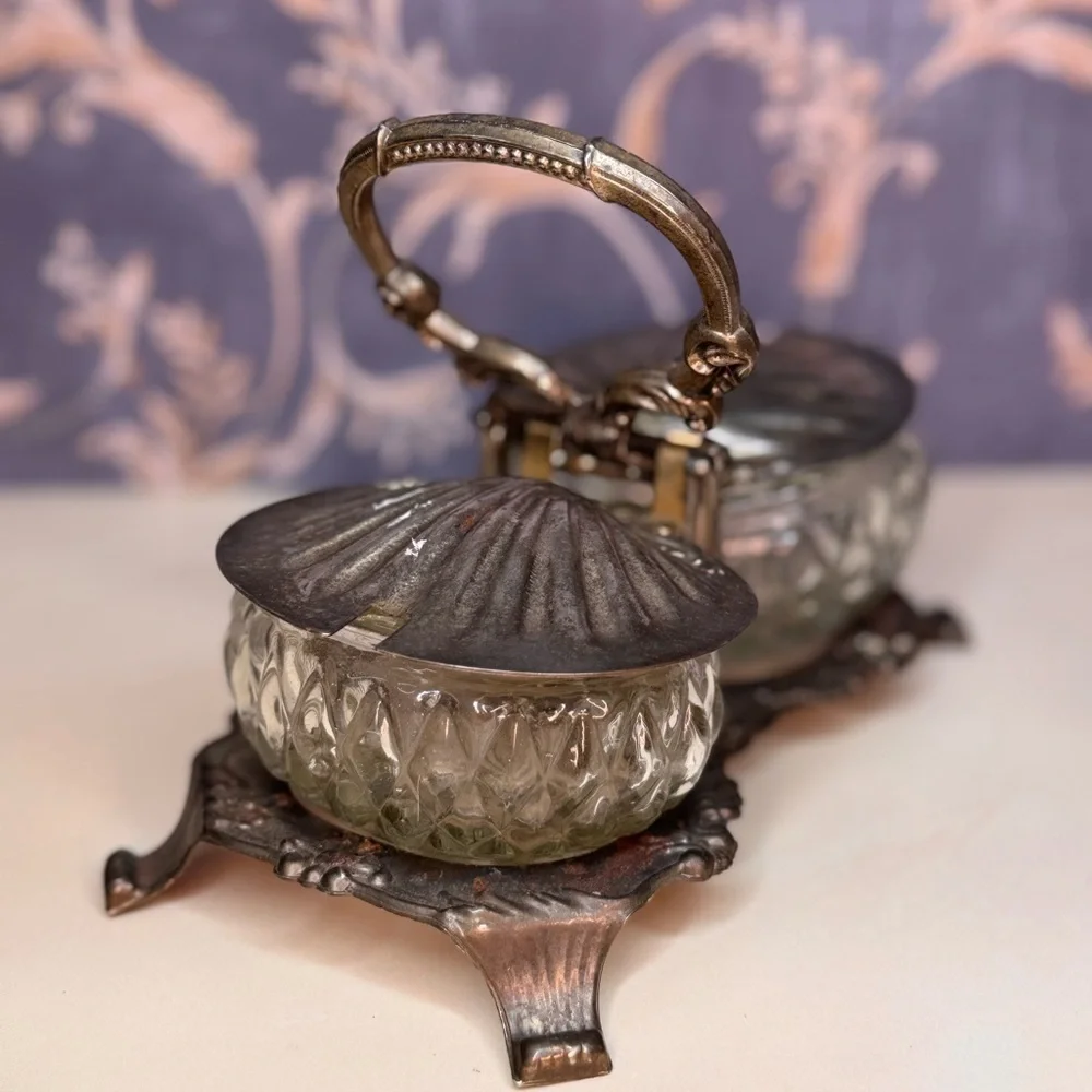 Antique 1900s Shell Shaped Silver Toned Double Salt Cellar with Cut Glass READ